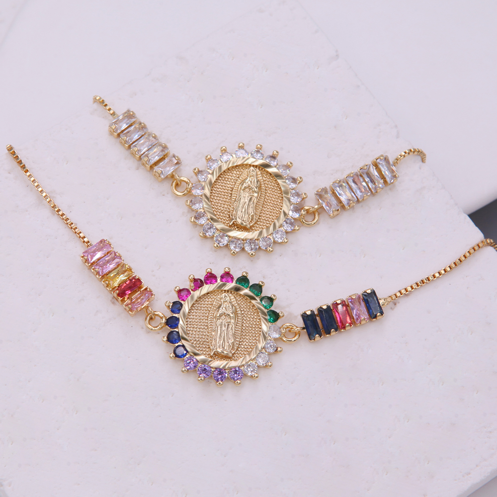 Shiny Metallic Saint Mary Zircon Bracelet For Women With 18K Gold Plated Box Chain