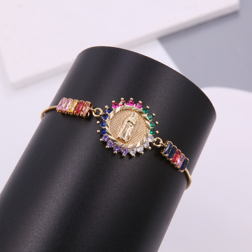 Shiny Metallic Saint Mary Zircon Bracelet For Women With 18K Gold Plated Box Chain 4