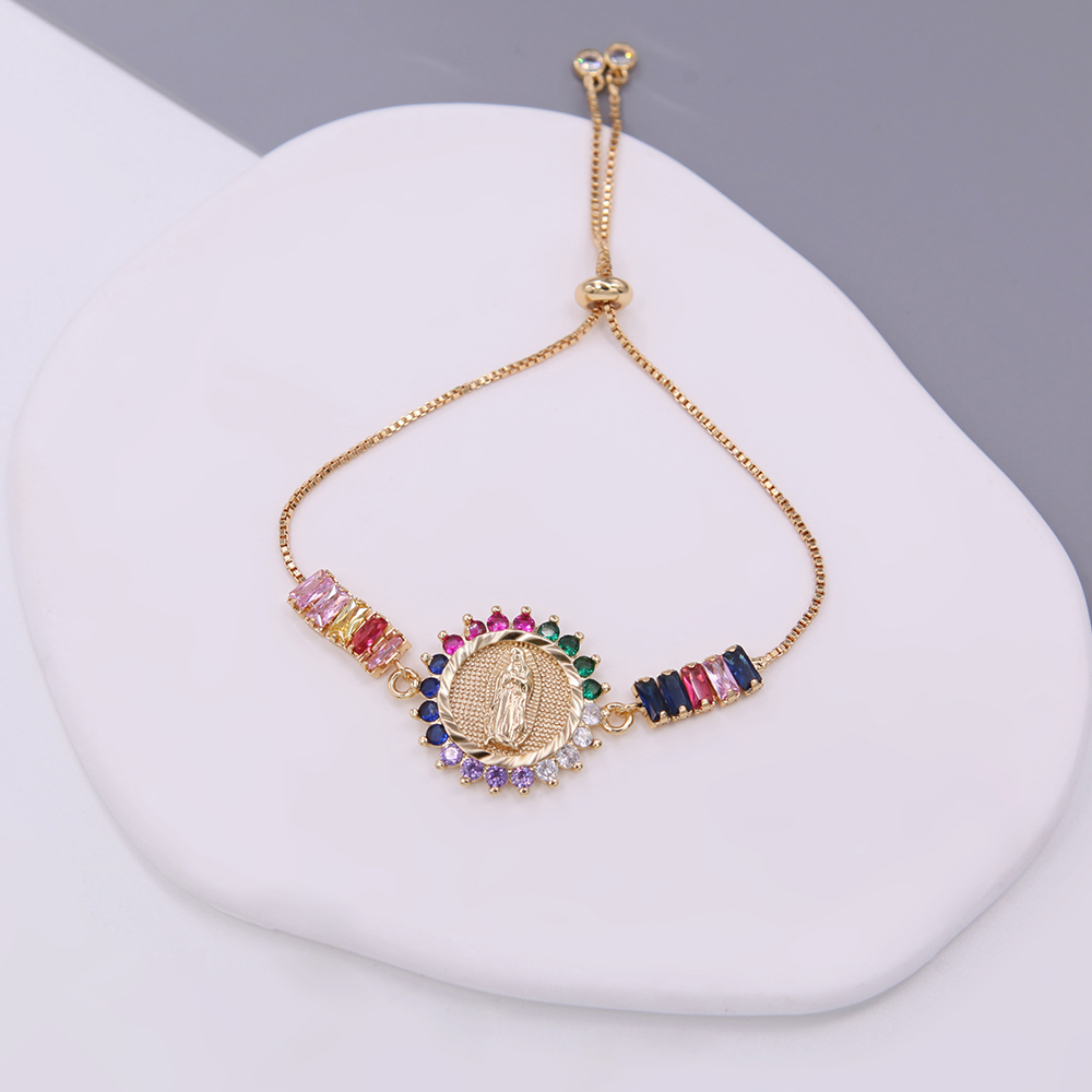 Shiny Metallic Saint Mary Zircon Bracelet For Women With 18K Gold Plated Box Chain 5