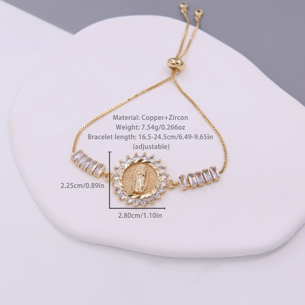 Shiny Metallic Saint Mary Zircon Bracelet For Women With 18K Gold Plated Box Chain 6