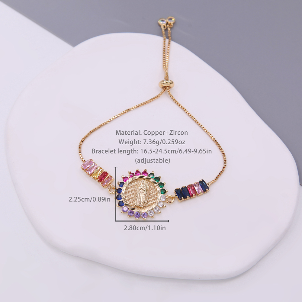 Shiny Metallic Saint Mary Zircon Bracelet For Women With 18K Gold Plated Box Chain 7
