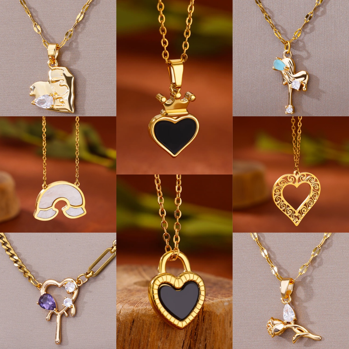 304 Stainless Steel Copper Rainbow Heart Shape Flower Zircon 18K Real Gold Plated Elegant Simple Style Plating Hollow Out Cuban Link Chain Curb Chain Paperclip Chain Lobster Trigger Clasp Closure Pendant Necklace
