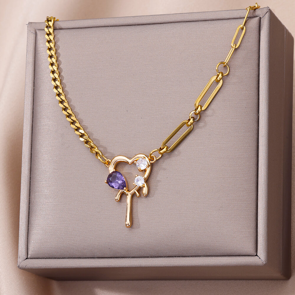 304 Stainless Steel Copper Rainbow Heart Shape Flower Zircon 18K Real Gold Plated Elegant Simple Style Plating Hollow Out Cuban Link Chain Curb Chain Paperclip Chain Lobster Trigger Clasp Closure Pendant Necklace 3