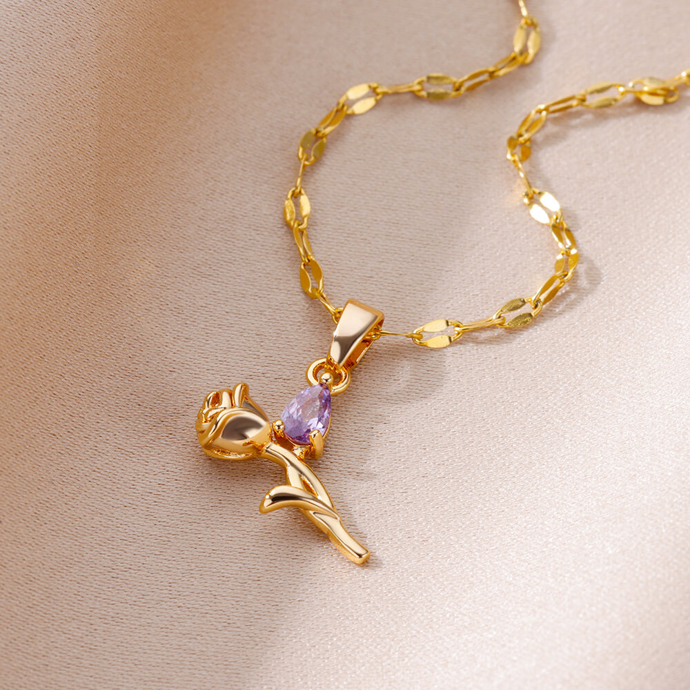 304 Stainless Steel Copper Rainbow Heart Shape Flower Zircon 18K Real Gold Plated Elegant Simple Style Plating Hollow Out Cuban Link Chain Curb Chain Paperclip Chain Lobster Trigger Clasp Closure Pendant Necklace 9