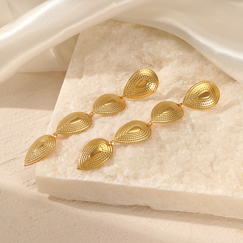 Water Droplets Electroplated Drop Earrings For Women In 304 Stainless Steel With KC Golden Water Plating And Stone-Free Inlay