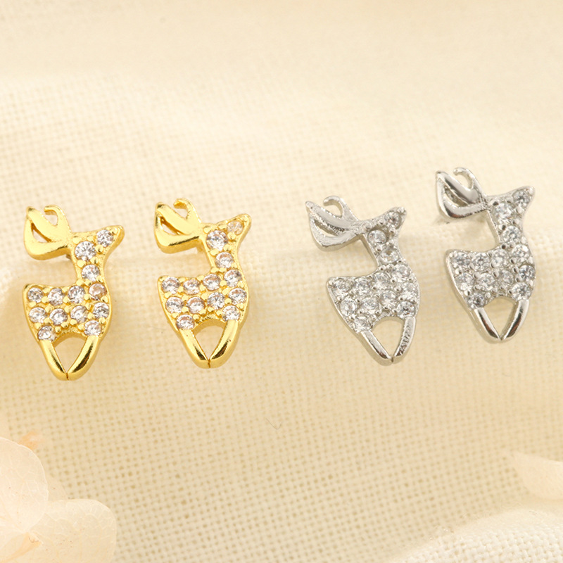 Elk Stud Earrings For Women In Silver Plated Copper With Zircon Inlay, Perfect For Christmas