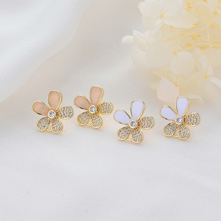 Enamel Flowers Stud Earrings In Copper With 14K Real Gold Plated And Rhinestones, Featuring 925 Sterling Silver Ear Pins
