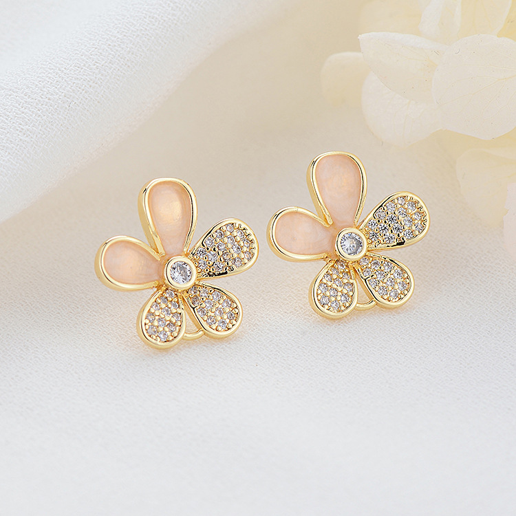 Enamel Flowers Stud Earrings In Copper With 14K Real Gold Plated And Rhinestones, Featuring 925 Sterling Silver Ear Pins 2