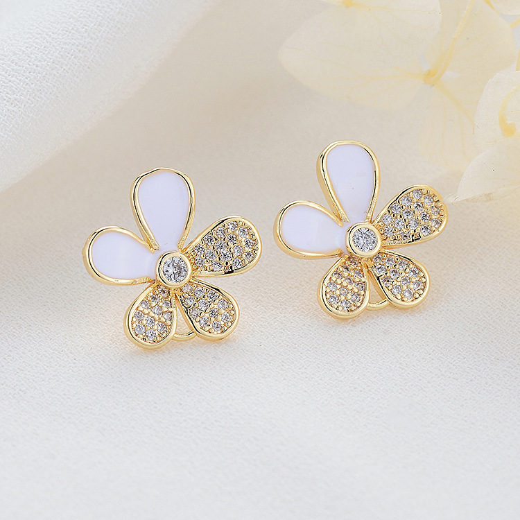 Enamel Flowers Stud Earrings In Copper With 14K Real Gold Plated And Rhinestones, Featuring 925 Sterling Silver Ear Pins 3