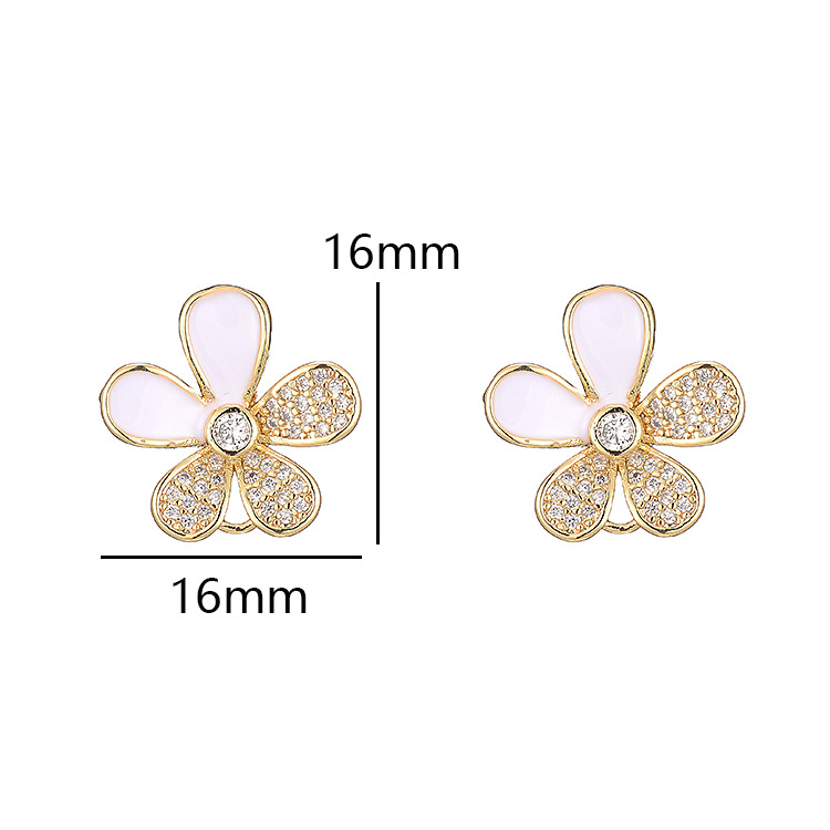 Enamel Flowers Stud Earrings In Copper With 14K Real Gold Plated And Rhinestones, Featuring 925 Sterling Silver Ear Pins 4