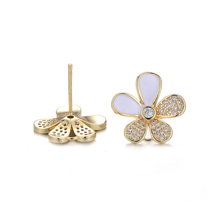 Enamel Flowers Stud Earrings In Copper With 14K Real Gold Plated And Rhinestones, Featuring 925 Sterling Silver Ear Pins 5