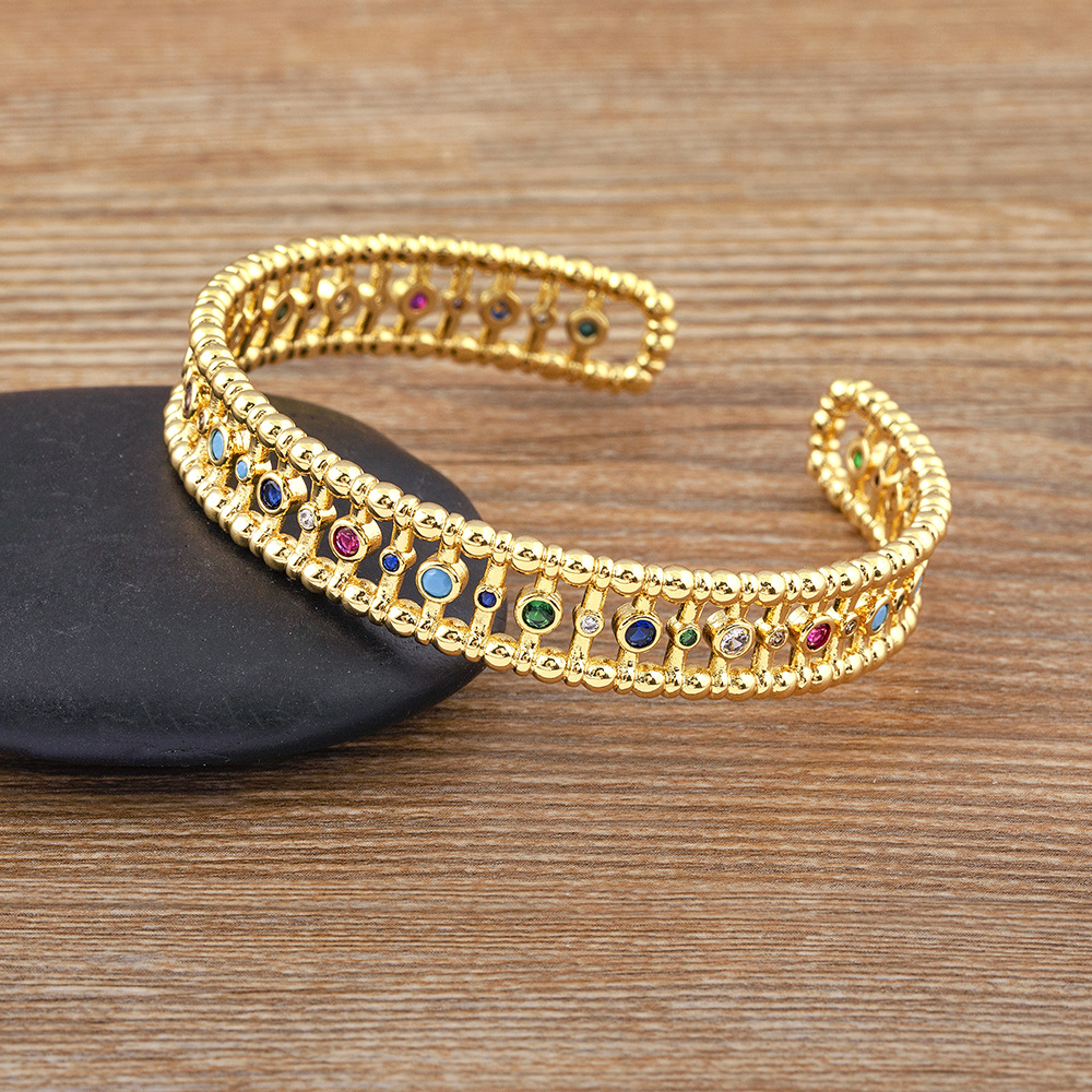 Ethnic Style Copper Bangle For Women In Gold With 18K Real Gold Plated Electroplated Finish Featuring Zircon Inlay