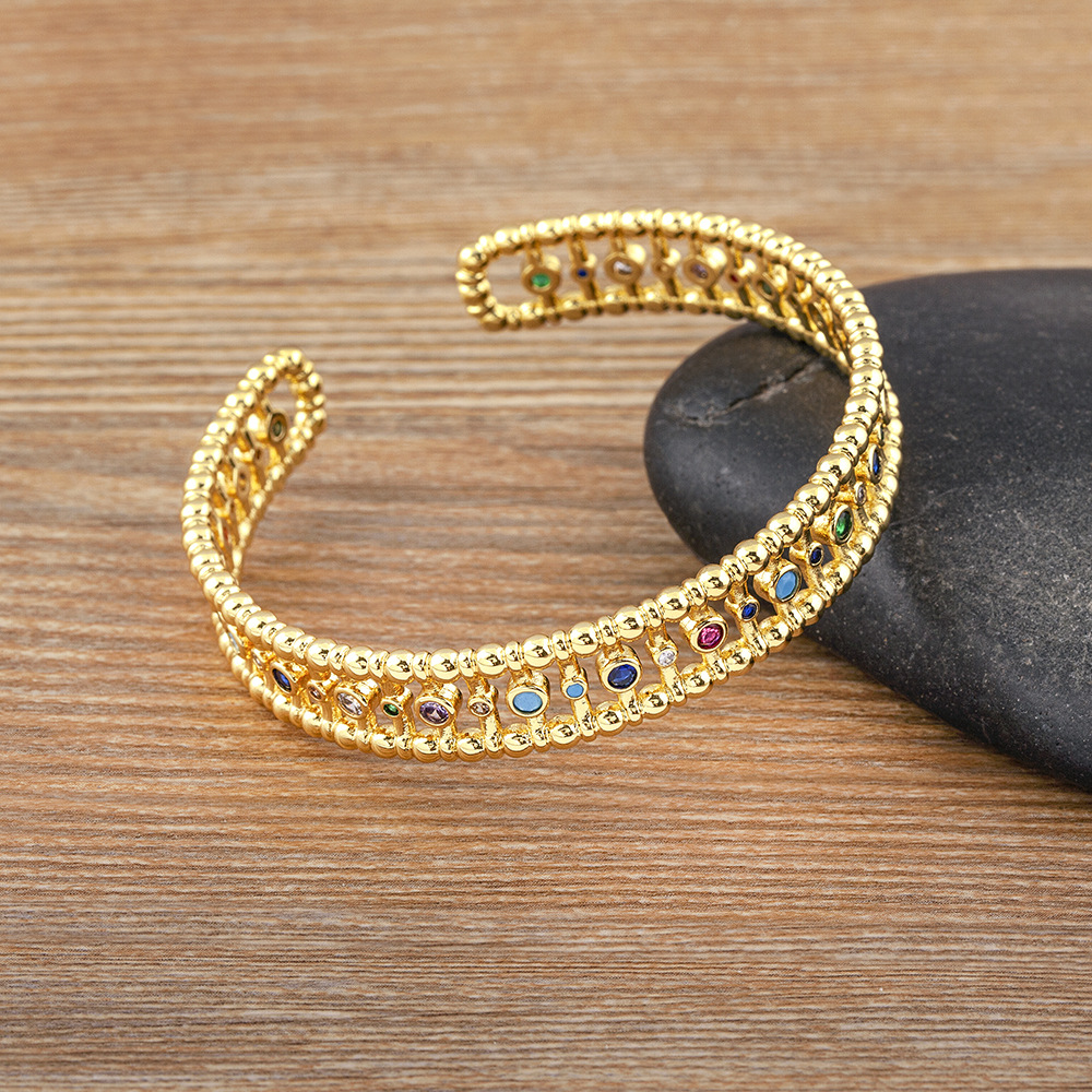 Ethnic Style Copper Bangle For Women In Gold With 18K Real Gold Plated Electroplated Finish Featuring Zircon Inlay 3