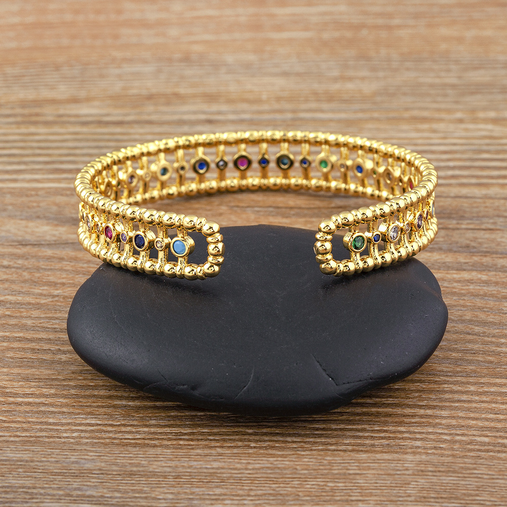 Ethnic Style Copper Bangle For Women In Gold With 18K Real Gold Plated Electroplated Finish Featuring Zircon Inlay 4
