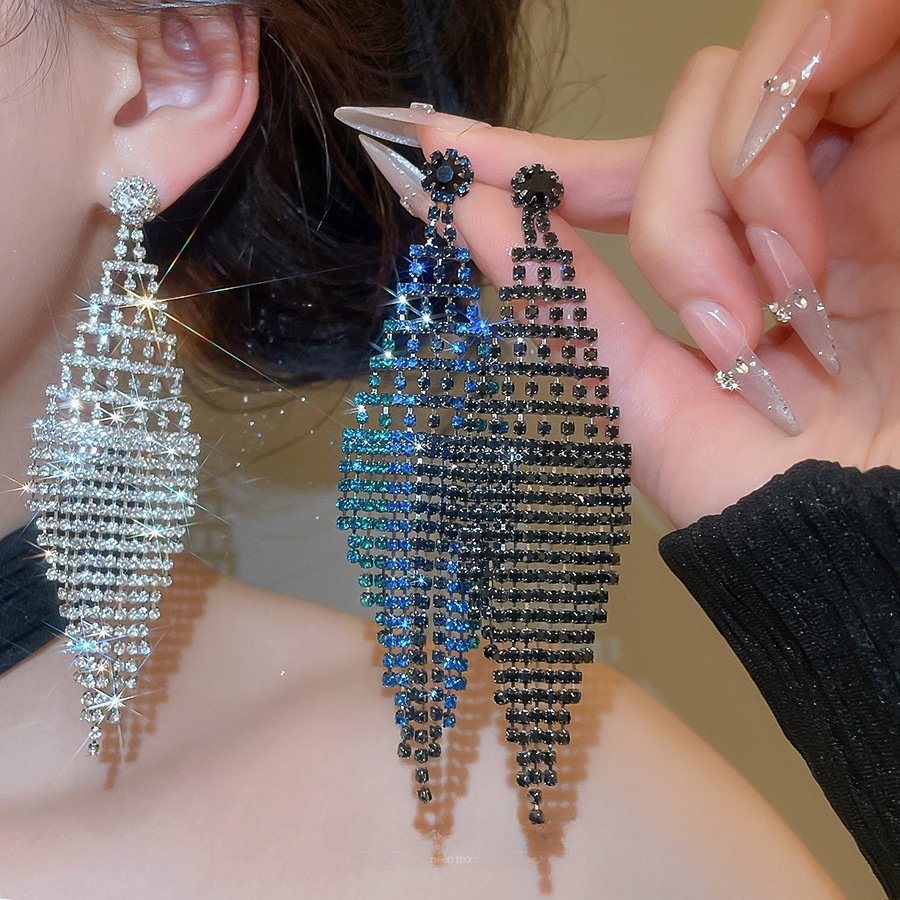 Exaggerated Rhombus Stud Earrings For Women In Silver Copper With Rhinestone Inlay And Tassel Craft 2