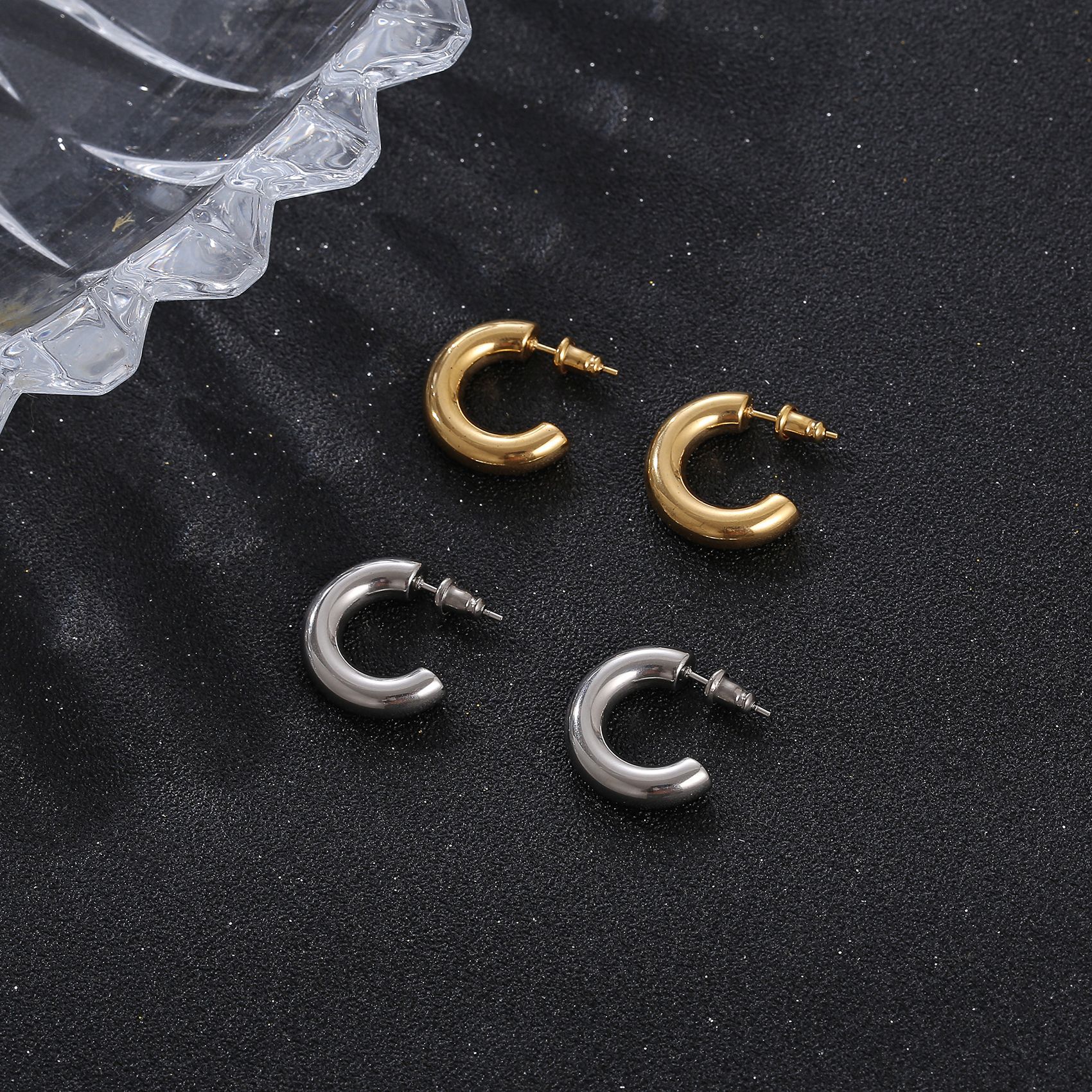 C Shape Earrings For Women In 201 Stainless Steel With 18K Gold Electroplated Finish And 304 Stainless Steel Ear Pins