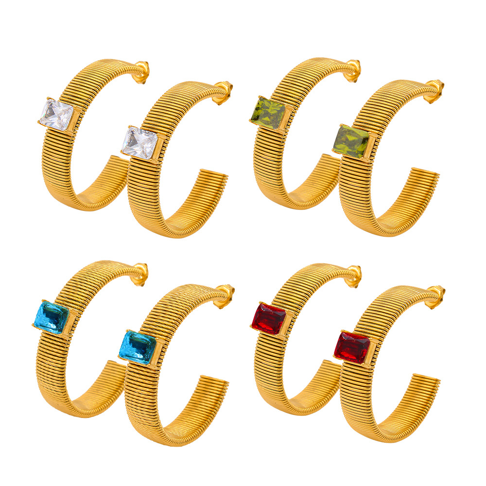 C Shape Earrings For Women, 1 Pair Stainless Steel Ear Studs Featuring Electroplated Design With Zircon Inlay