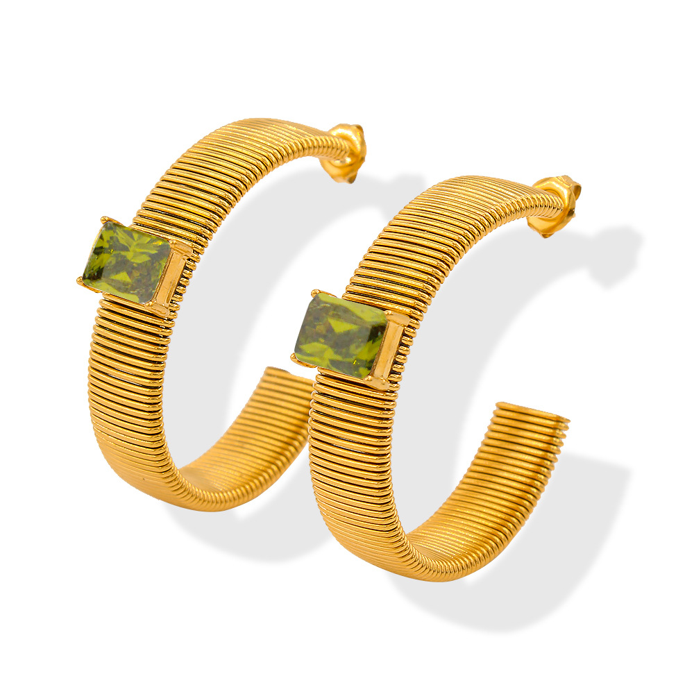 C Shape Earrings For Women, 1 Pair Stainless Steel Ear Studs Featuring Electroplated Design With Zircon Inlay 2