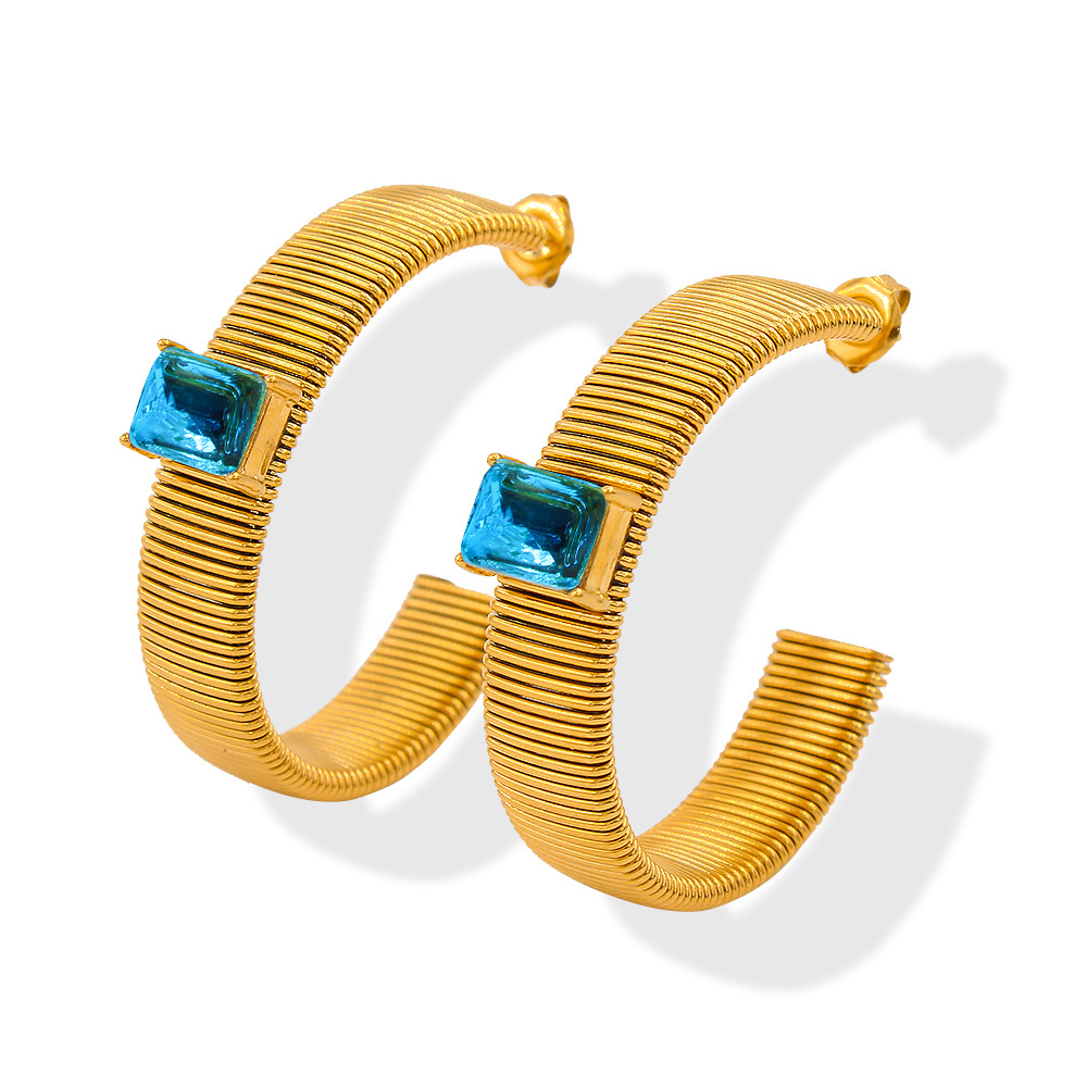 C Shape Earrings For Women, 1 Pair Stainless Steel Ear Studs Featuring Electroplated Design With Zircon Inlay 3
