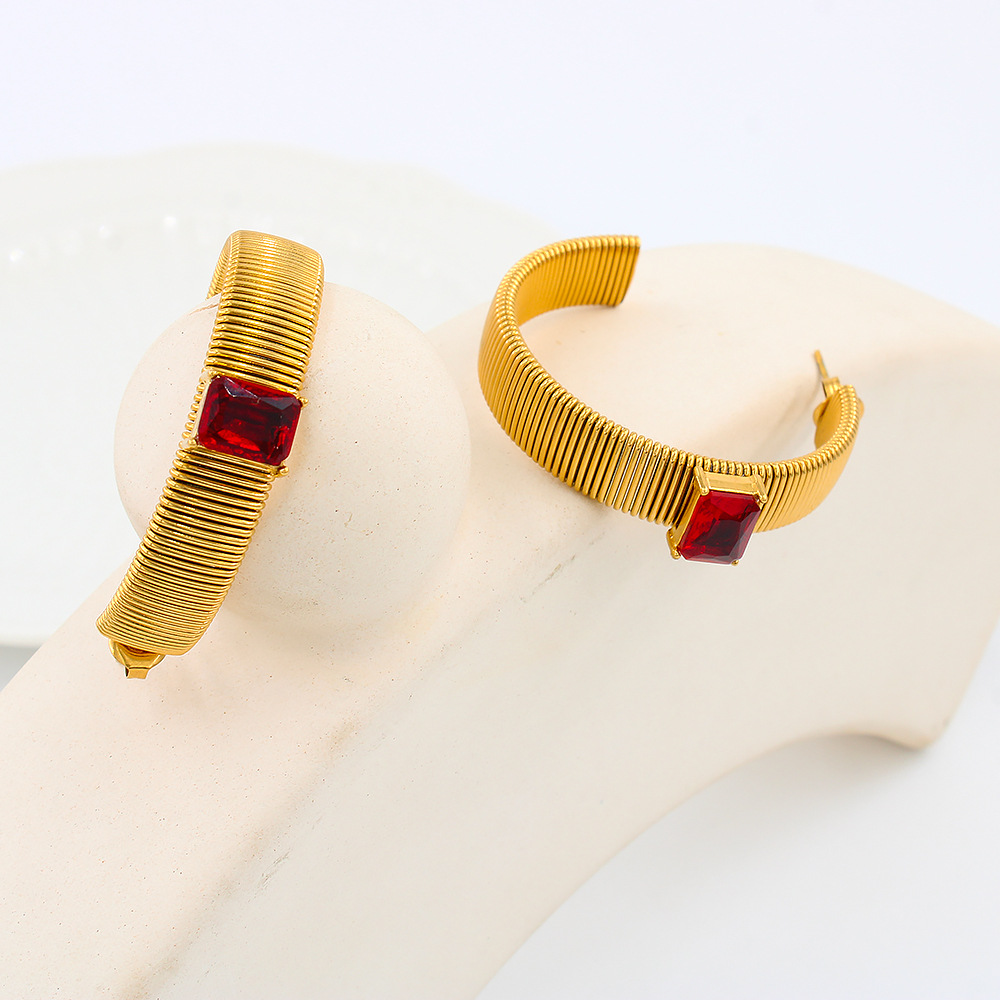 C Shape Earrings For Women, 1 Pair Stainless Steel Ear Studs Featuring Electroplated Design With Zircon Inlay 5