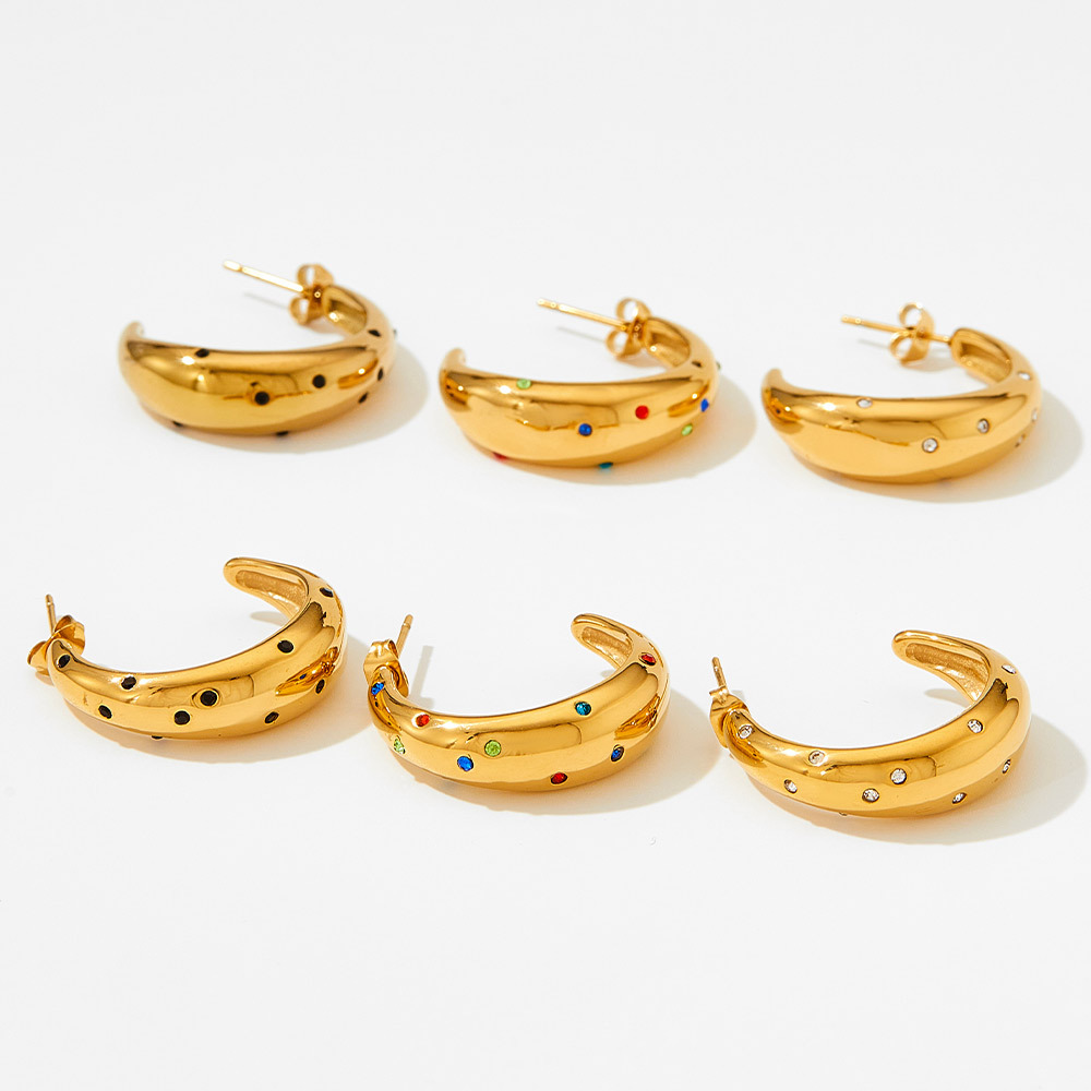 C Shape Earrings For Women, 1 Pair Stainless Steel Ear Studs Featuring Electroplated Design With Zircon Inlay