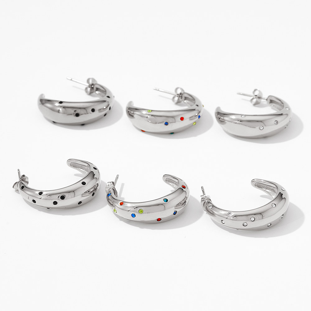 C Shape Earrings For Women, 1 Pair Stainless Steel Ear Studs Featuring Electroplated Design With Zircon Inlay 3