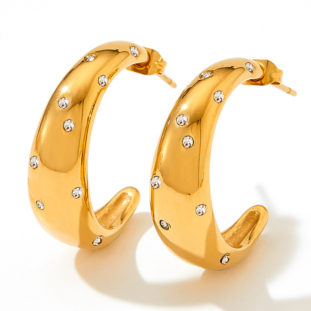 C Shape Earrings For Women, 1 Pair Stainless Steel Ear Studs Featuring Electroplated Design With Zircon Inlay 5