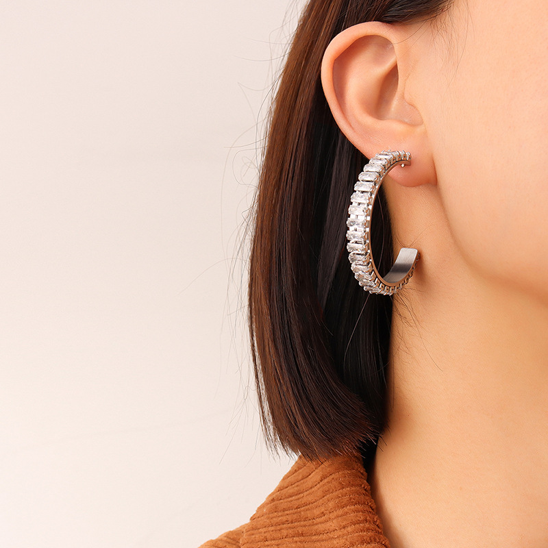 C Shape Earrings For Women, Waterproof Non Tarnish 304 Stainless Steel With PVD Coated Real Gold Plated And Artificial Diamond Inlay 2