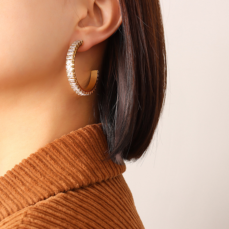 C Shape Earrings For Women, Waterproof Non Tarnish 304 Stainless Steel With PVD Coated Real Gold Plated And Artificial Diamond Inlay 5