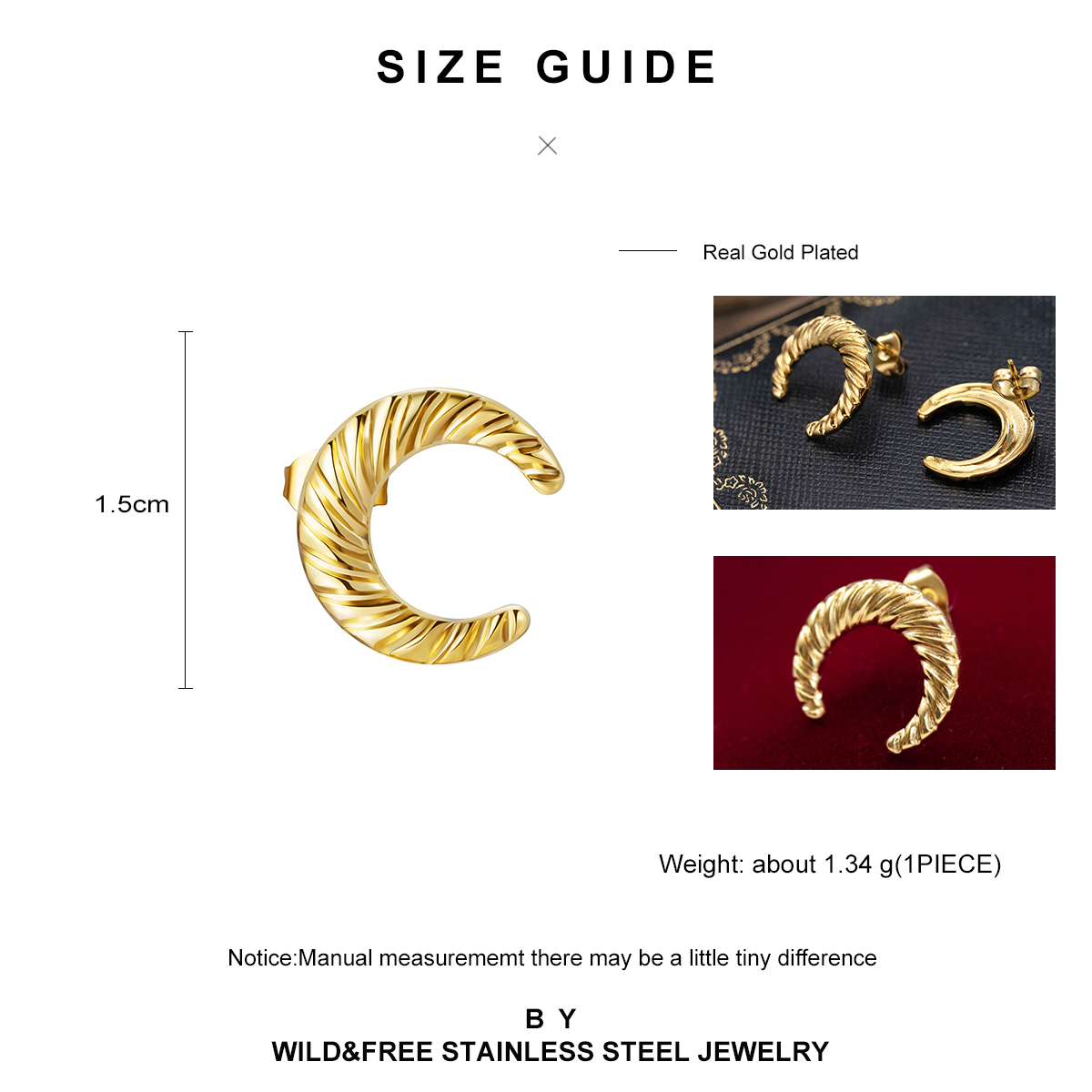 Irregular C Shape Earrings For Women With 304 Stainless Steel Posts And PVD Vacuum Plating Featuring Artificial Gemstones