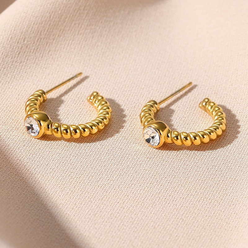 Irregular C Shape Earrings For Women With 304 Stainless Steel Posts And PVD Vacuum Plating Featuring Artificial Gemstones 3