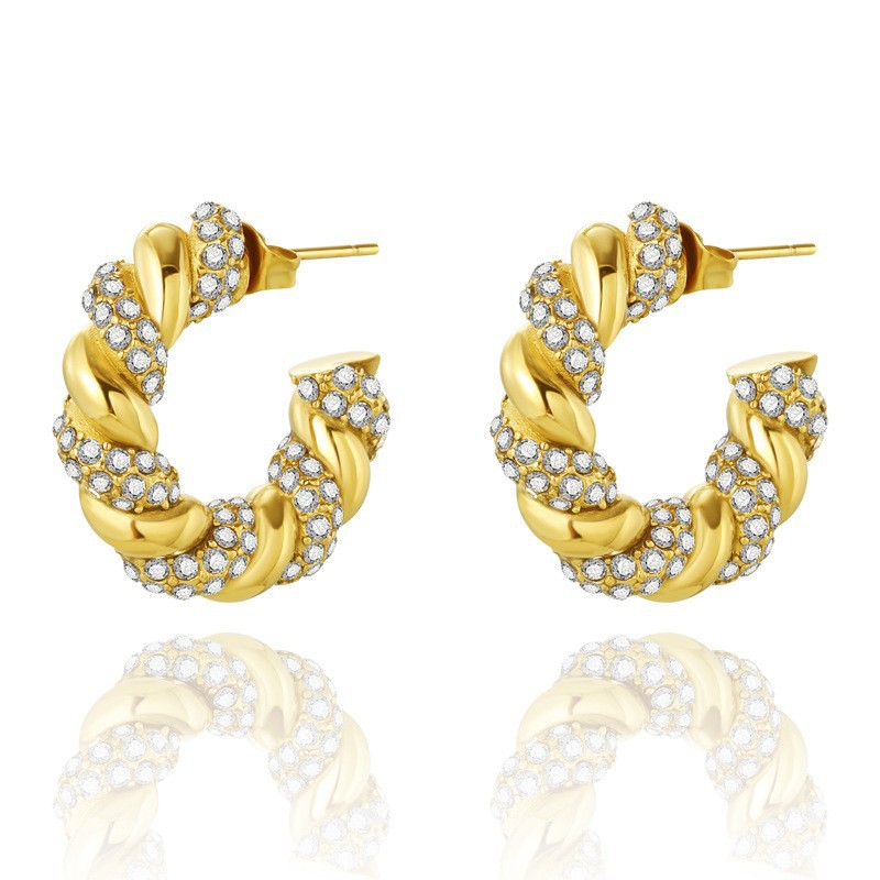 Irregular C Shape Earrings For Women With 304 Stainless Steel Posts And PVD Vacuum Plating Featuring Artificial Gemstones 4