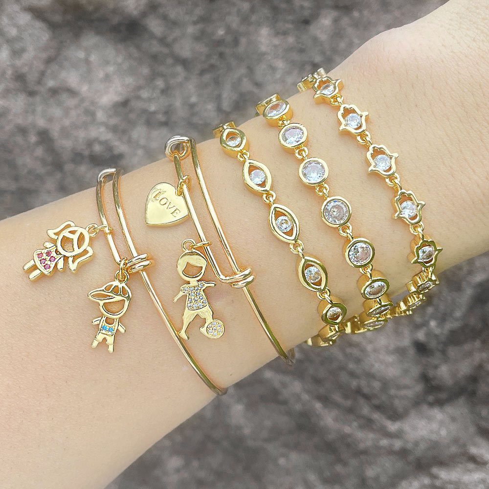 Cartoon Character Copper Bracelet With Zircon Inlay, 18K Gold Plated Design For Women