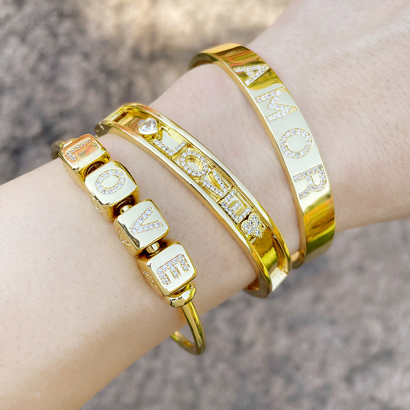 Copper Letter Bracelets For Women Featuring 18K Gold Plated Design With Artificial Gemstones Inlay