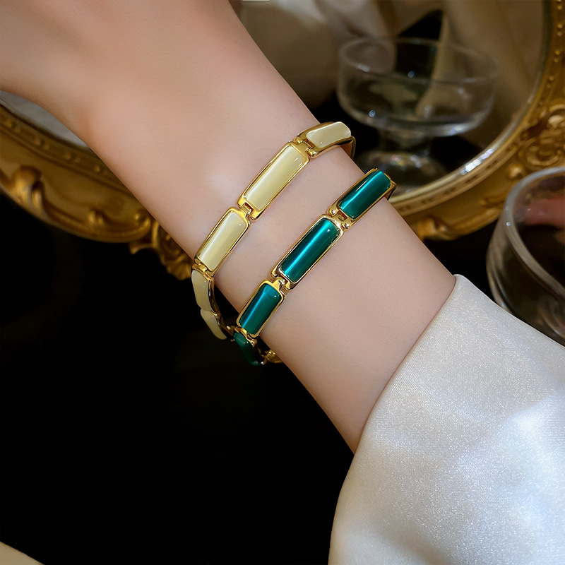 Geometric Metal Bracelets For Women Featuring Inlay Cat's Eye Stone Design 3