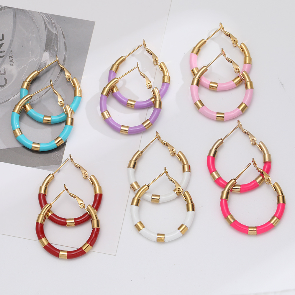 Geometric Titanium Steel Earrings With Enamel Design For Women, 1 Pair, Featuring Unique Boutique Style