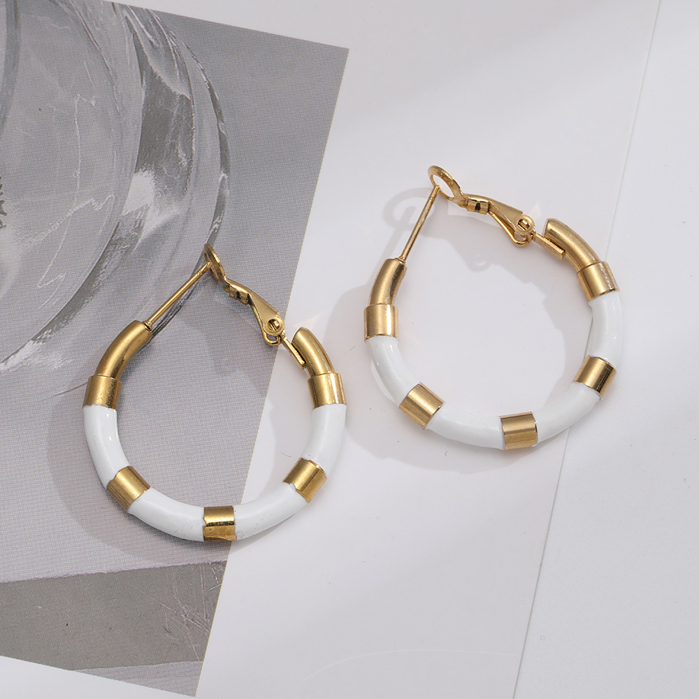 Geometric Titanium Steel Earrings With Enamel Design For Women, 1 Pair, Featuring Unique Boutique Style 2