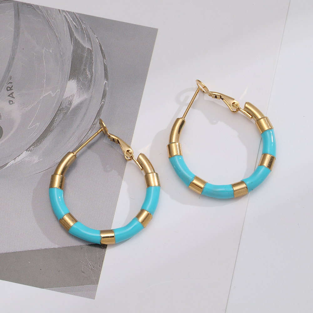 Geometric Titanium Steel Earrings With Enamel Design For Women, 1 Pair, Featuring Unique Boutique Style 3