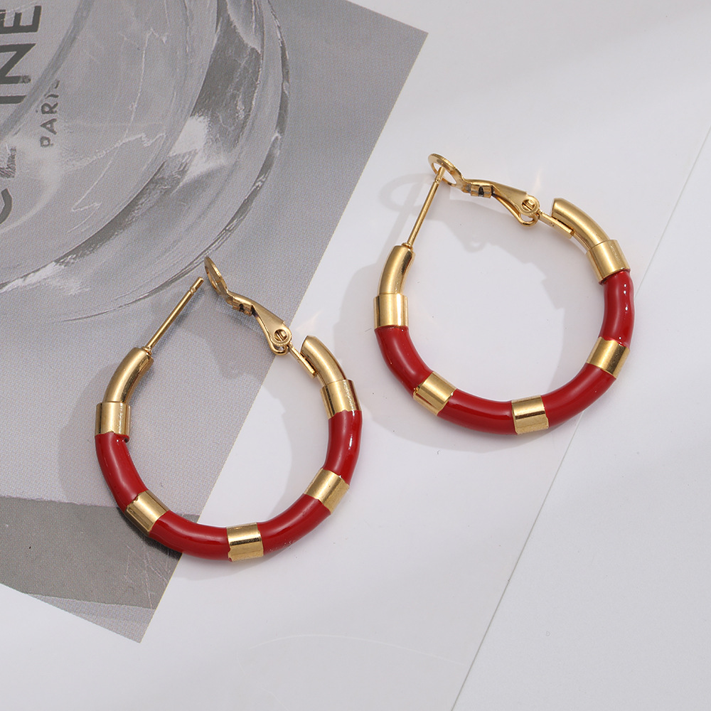 Geometric Titanium Steel Earrings With Enamel Design For Women, 1 Pair, Featuring Unique Boutique Style 4
