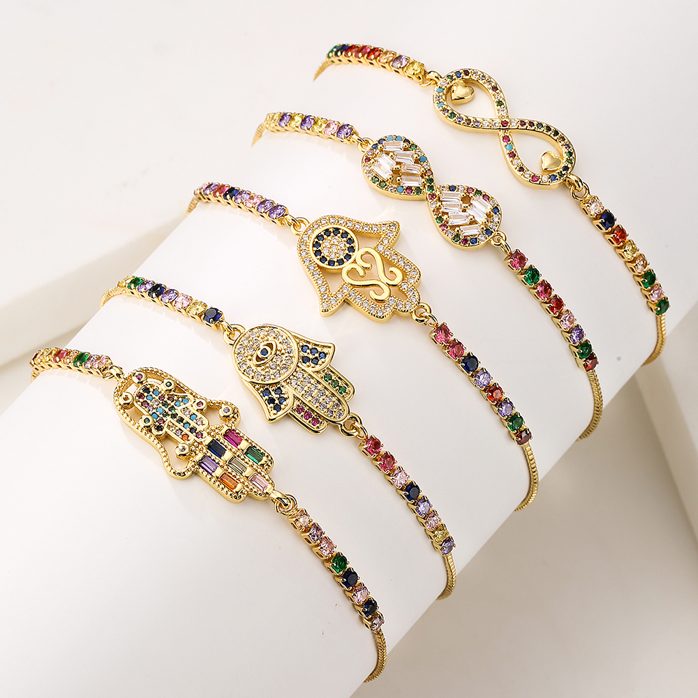 Geometric Copper Bracelets For Women With Zircon Inlay And Gold Plated Finish Featuring Box Chain Design