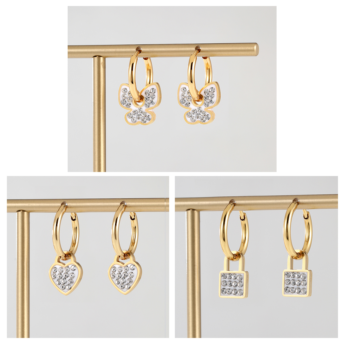 Unisex Heart Shape Dangling Earrings In Gold Plating With Zircon Inlay, Made Of 201 Stainless Steel, Casual Style