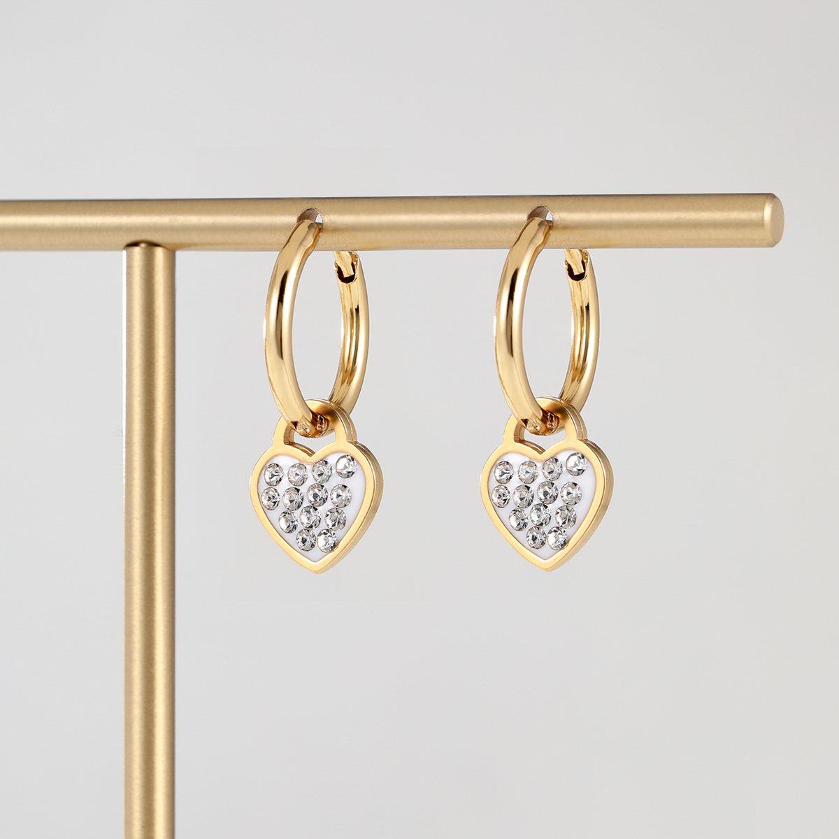 Unisex Heart Shape Dangling Earrings In Gold Plating With Zircon Inlay, Made Of 201 Stainless Steel, Casual Style 2