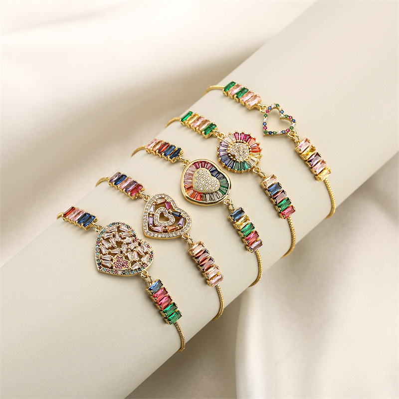 Unisex Gold Plated Copper Bracelet Featuring Heart Shape Design With Zircon Inlay