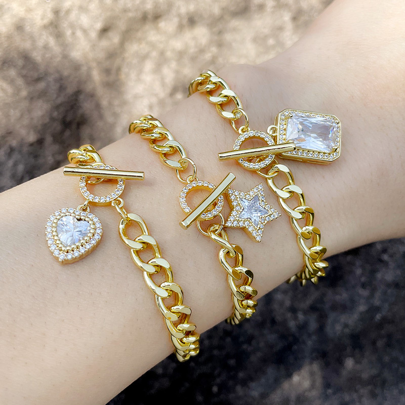 Heart Shape Copper Bracelet With Artificial Gemstones, 18K Gold Plated Design For Women