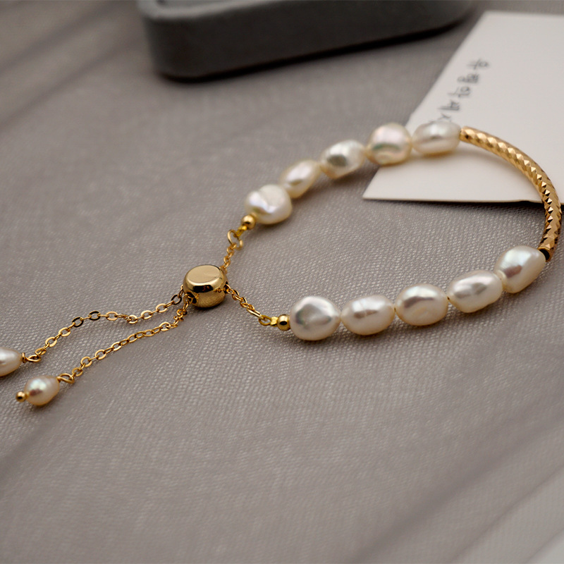 Handmade Women’s Bracelet With Irregular Pattern, Gold Plated 0.03µm, Pearl Inlay On Cable Chain 4