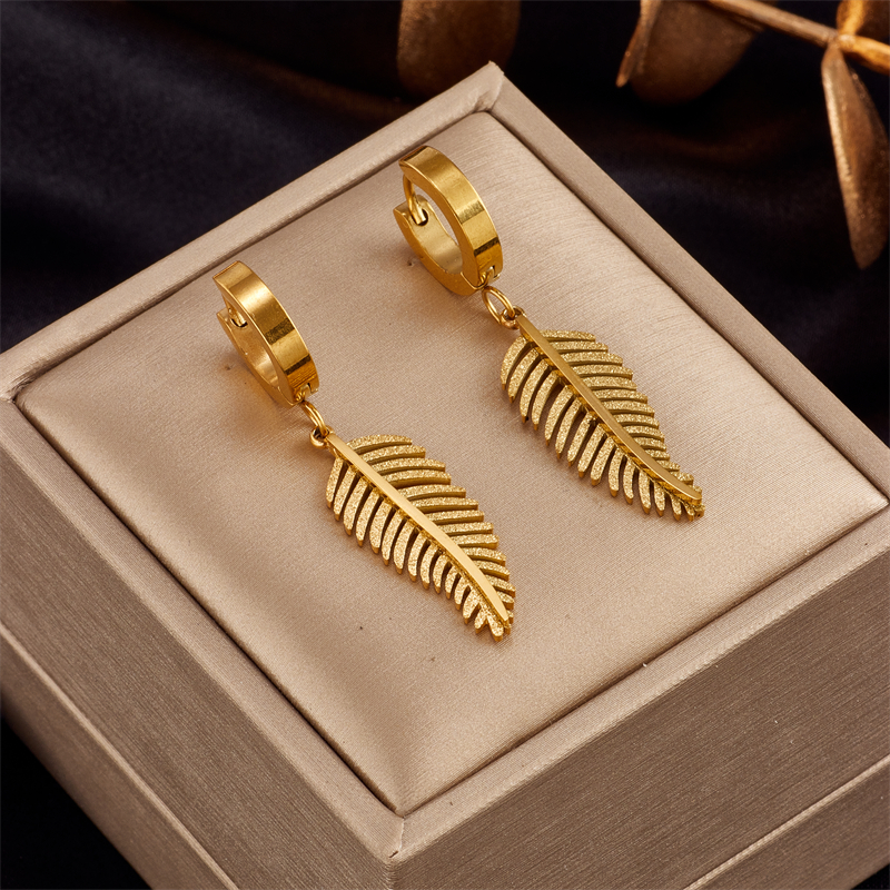 Waterproof Non Tarnish Leaves Drop Earrings For Women, 304 Stainless Steel With 18K Gold Plated PVD Coating