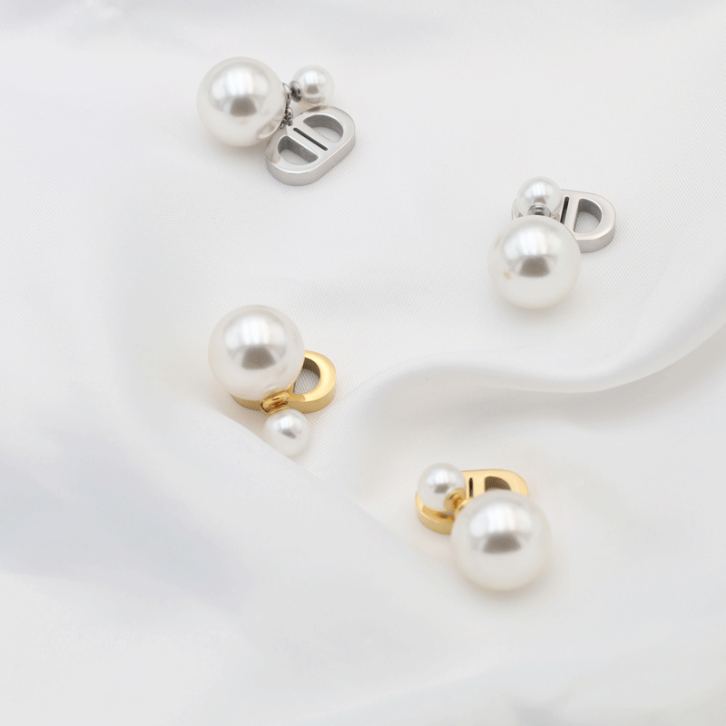 Geometric Titanium Steel Earrings For Women With Pearl Design Featuring Artificial Gemstones In Ins Style