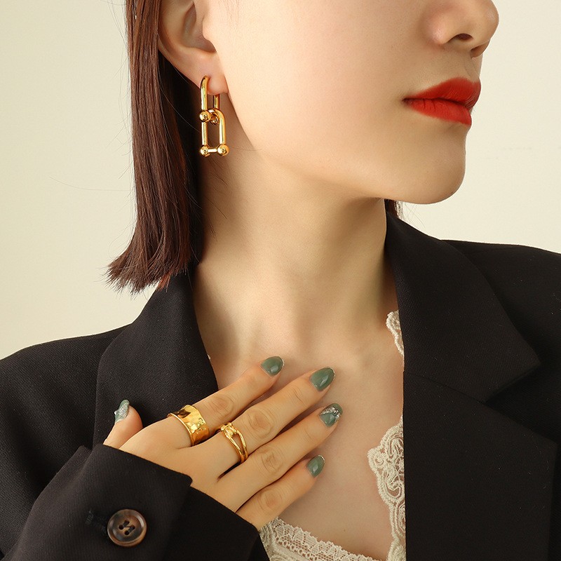 Geometric Waterproof Non Tarnish Earrings With 0.03µm-0.05µm Real Gold Plated PVD Coating And 304 Stainless Steel Ear Pins