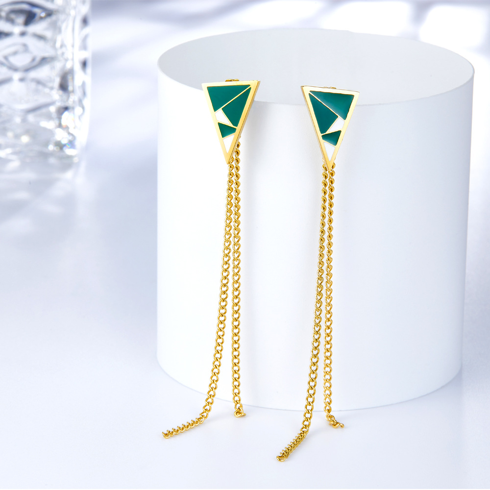 Geometric Drop Earrings With Tassel Design For Women In Stainless Steel, 1 Pair 4