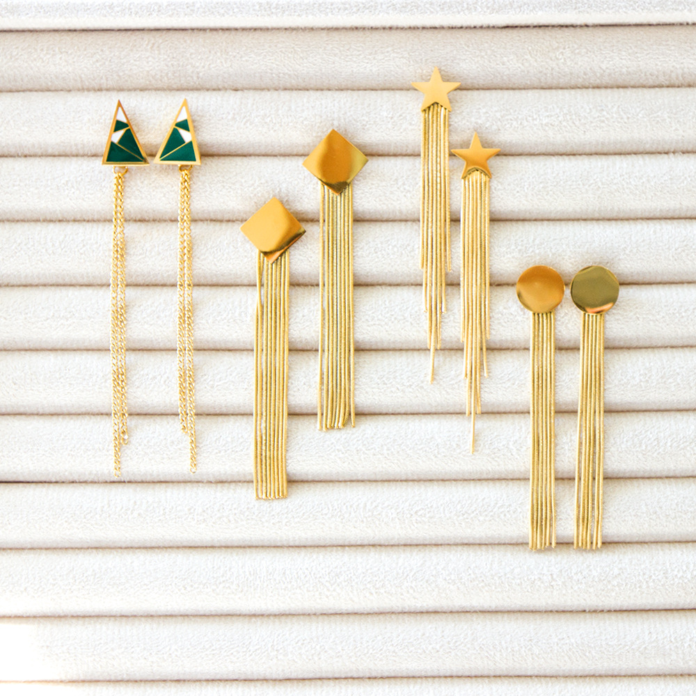 Geometric Drop Earrings With Tassel Design For Women In Stainless Steel, 1 Pair 5